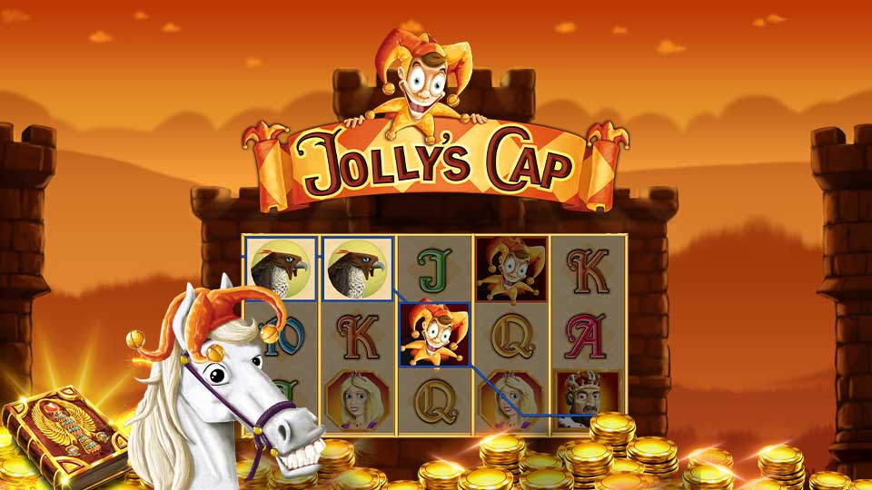 Jolly's Cap Slot Machine Game Online Slotmaschine Jolly der Hofnarr steht auf einem Glücksspielautomaten. Im Vordergrund ist ein grinsendes weißes Pferd, das den Spieler des Automaten anfeuert